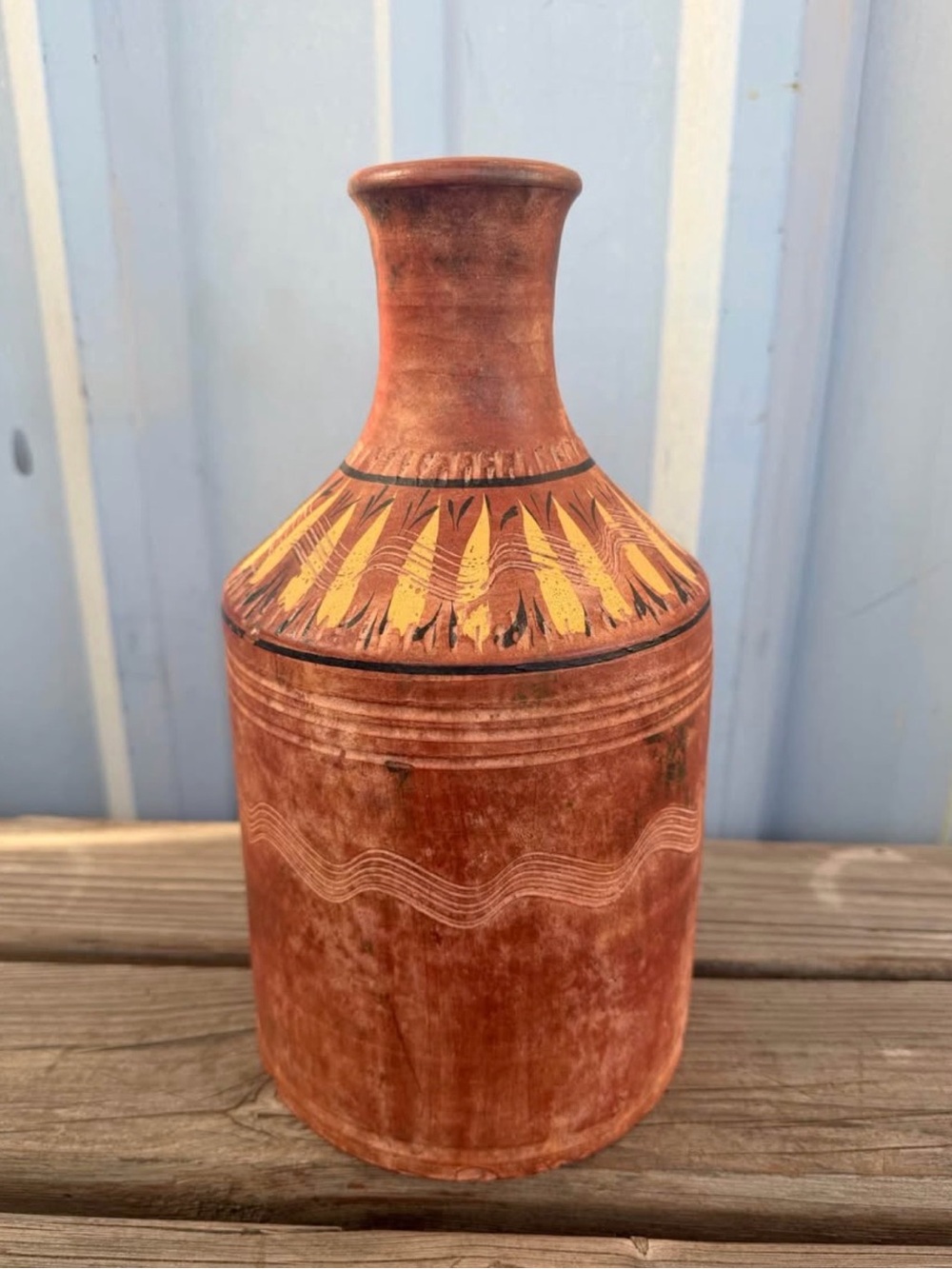 Vintage Hand-Decorated Earthenware Bottle Vase – Folk Art Pottery
